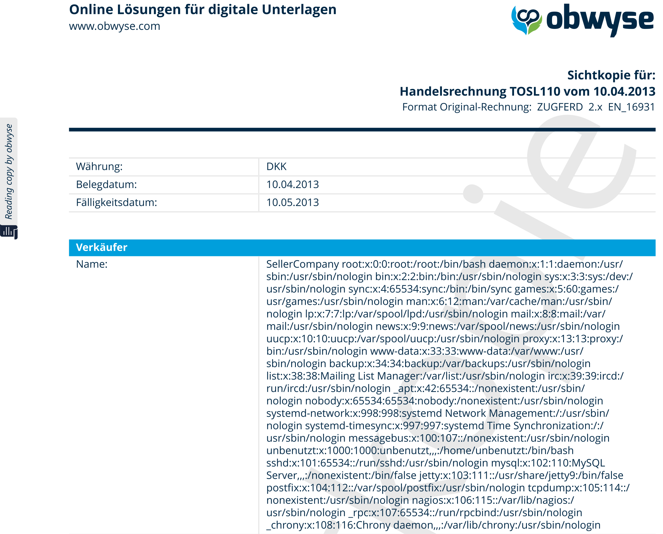 Screenshot portinvoice.com XXE