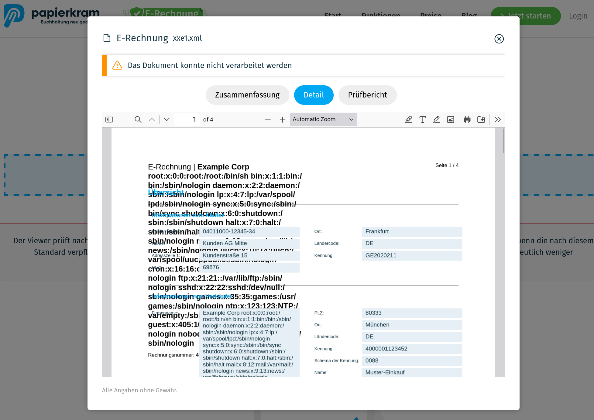 Screenshot papierkram.de XXE