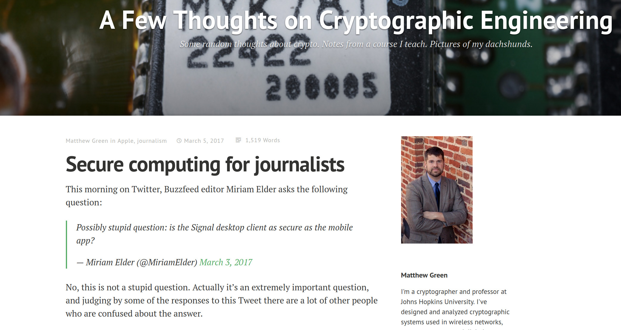 Screenshot Matthew Green's blog: Secure computing for journalists