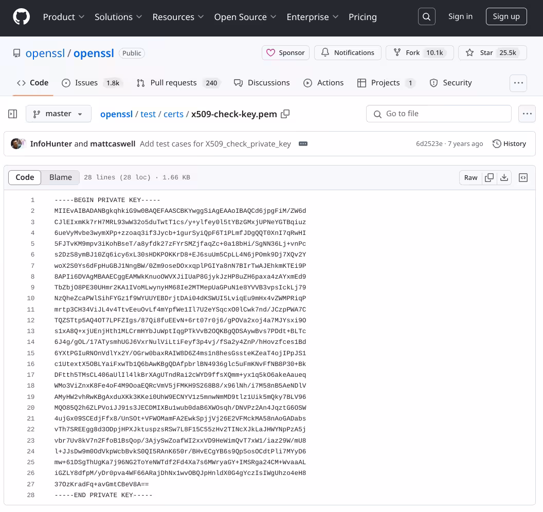 OpenSSL test private key on Github